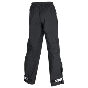 Die O'NEAL TORRENT Regenhose von O'NEAL ist eine schwarze wasserdichte und atmungsaktive Fahrradhose mit einem elastischen Bund, verstellbaren Knöchelriemen und einem kleinen Logo auf dem Oberschenkel, abgebildet auf einem schlichten weißen Hintergrund.