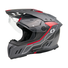 Ein schwarz-roter O'NEAL SIERRA RS Helm ECHO Motorradhelm mit aerodynamischen Belüftungsöffnungen, klarem Visier und optionalem Quin Smart Safety Sensor, dargestellt auf weißem Hintergrund.