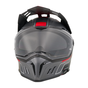 Ein schwarzer und grauer O'NEAL SIERRA RS Helm ECHO Vollvisier-Motorradhelm mit roten Akzenten, klarem Visier und Quin Smart Safety Sensor, dargestellt von vorne auf weißem Hintergrund.