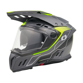Der O'NEAL SIERRA RS Helm ECHO von O'NEAL ist ein schwarz-grauer Helm mit neongelb-grünen Akzenten, einem klaren Visier und einem belüfteten Design, das im Profil auf weißem Hintergrund dargestellt ist.