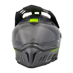 Ein mattschwarzer O'NEAL SIERRA RS Helm ECHO Motorradhelm mit klarem Visier, kantigem Design und neongrünen Akzenten, frontal vor einem schlichten weißen Hintergrund dargestellt.