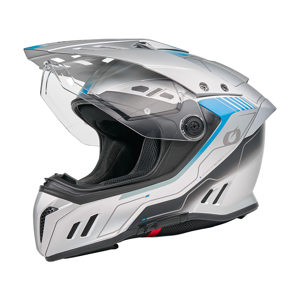 Ein Grau/Blau O'NEAL SIERRA RS Helm ECHO Motorradhelm mit klarem Visier, aerodynamischen Belüftungen und modernem Design wird seitlich vor weißem Hintergrund gezeigt.