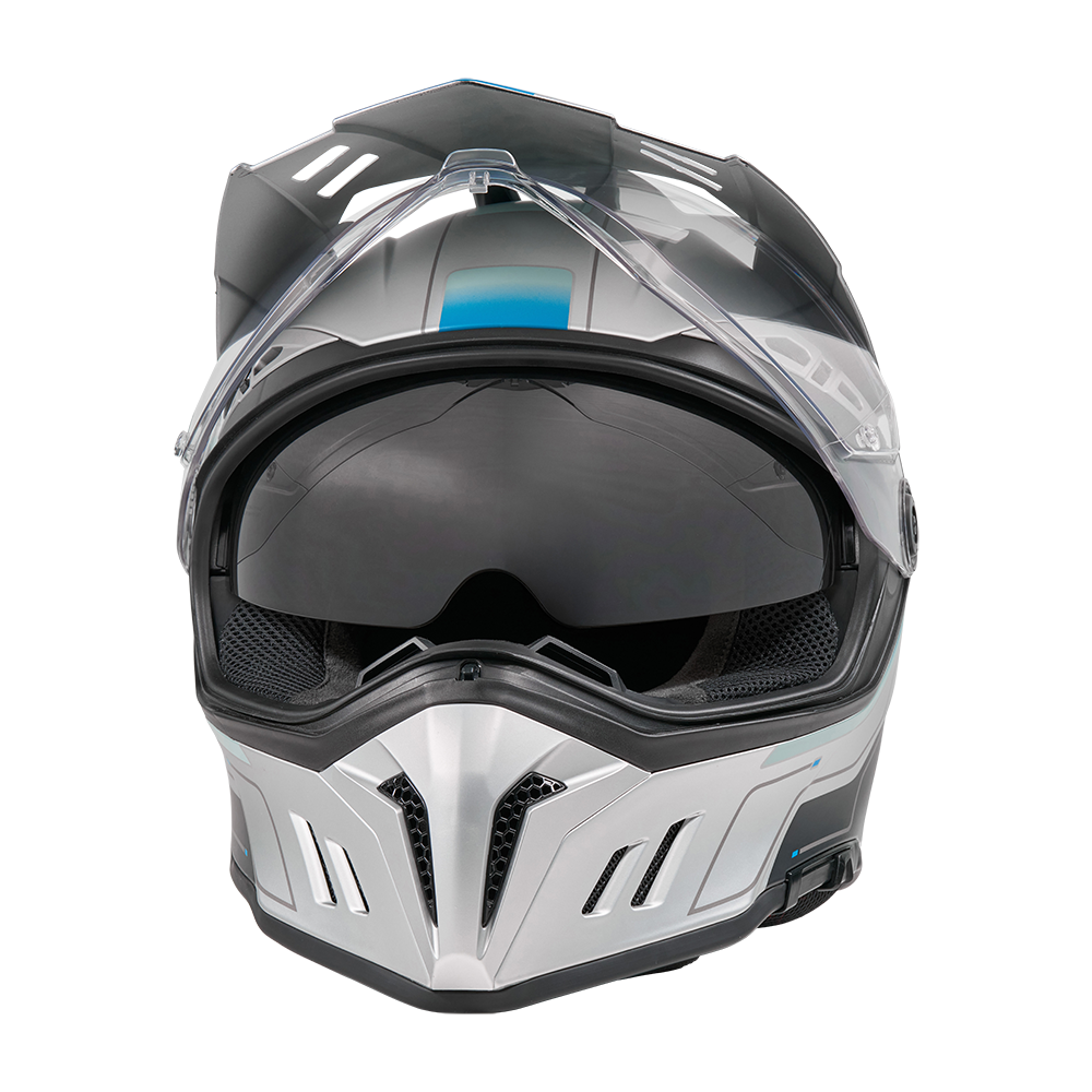 Der O'NEAL SIERRA RS Helm ECHO ist ein glänzender, silberner Vollvisierhelm mit schwarzen Akzenten, Belüftungsschlitzen, integriertem Visier, klarem Gesichtsschild und ist mit dem Quin Smart Safety Sensor kompatibel.