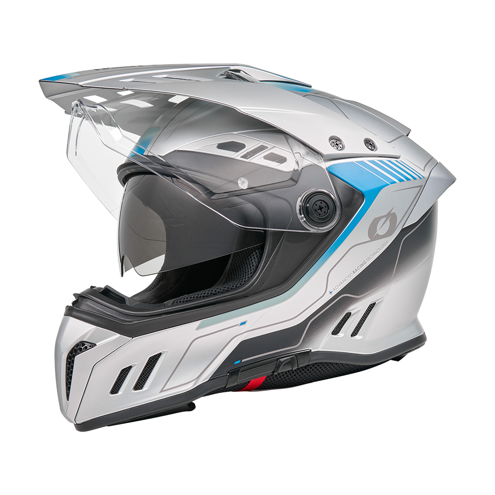 Der O'NEAL SIERRA RS Helm ECHO, ein silber-blauer Motorradhelm mit klarem Visier, Belüftungsöffnungen, aerodynamischem Design und optionalem Quin Smart Safety Sensor, ist im Profil auf einem schlichten weißen Hintergrund abgebildet.