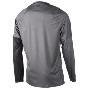 Das O'NEAL ELEMENT FR Jersey PLAIN ist ein langärmeliges, graues Performance-Shirt mit dunkleren Ärmeln und einer glatten, leicht glänzenden Oberfläche. Das von hinten gezeigte Shirt bietet minimale Nähte und ist für Komfort und Haltbarkeit auf dem Trail konzipiert.