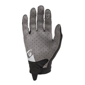 Ein einzelner O'NEAL AMX Nanofront Handschuh ALTITUDE in Grau, mit perforiertem, fingerlosem Design und schwarzem Handgelenkband. Der Handschuh hat ein kleines weißes Logo auf dem Handrücken und eine Touchscreen-kompatible Zeigefingerspitze, genau wie sie DH-Weltmeister Greg Minnaar bevorzugt.