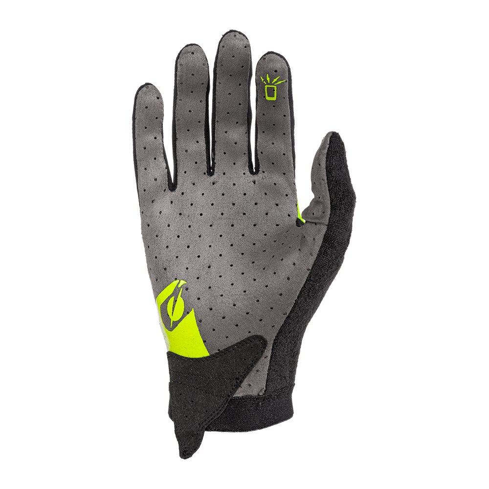 Der O'NEAL AMX Nanofront Handschuh ALTITUDE ist ein grau-schwarzer Handschuh mit lindgrünen Akzenten, kleinen Perforationen und einem Glühbirnen-Symbol auf dem Zeigefinger und der Handfläche, inspiriert von DH-Weltmeister Greg Minnaar.