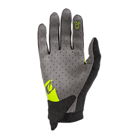 Wir präsentieren den O'NEAL AMX Nanofront Handschuh ALTITUDE, einen grauen Fahrradhandschuh mit schwarzen und neongrünen Akzenten. Er besteht aus perforiertem Material für verbesserte Atmungsaktivität und hat ein kleines Glühbirnensymbol auf dem Zeigefinger, um die Touchscreen-Kompatibilität anzuzeigen. Dieser von O'NEAL entworfene Handschuh legt den Schwerpunkt auf Komfort und Funktionalität und verkörpert die Präzision, die der Mountainbike-Handschuh von DH-Weltmeister Greg Minnaar erfordert.