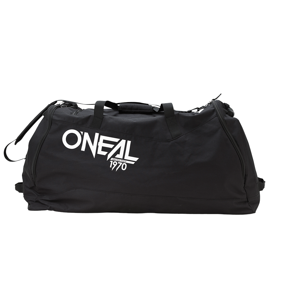 Eine geräumige schwarze Reisetasche, bekannt als O'NEAL TX8000 Sporttasche, trägt auf der Seite in großen weißen Buchstaben den Aufdruck „O'NEAL 1970“. Die Tasche bietet mehrere Tragemöglichkeiten: zwei kurze Griffe und einen Schultergurt. Der Reißverschluss ist oben teilweise sichtbar.