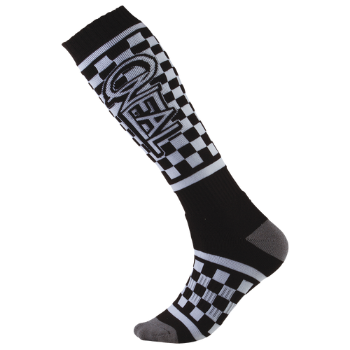 Eine einzelne Kniestrumpfhose mit schwarz-weißem Karomuster, bekannt als O'NEAL PRO MX Socke VICTORY, zeigt das „O'NEAL“-Logo auf der Seite. Die Zehen- und Fersenbereiche sind grau, und dieser Mountainbike-Kniestrumpf weist oben und unten gerippte Details auf.