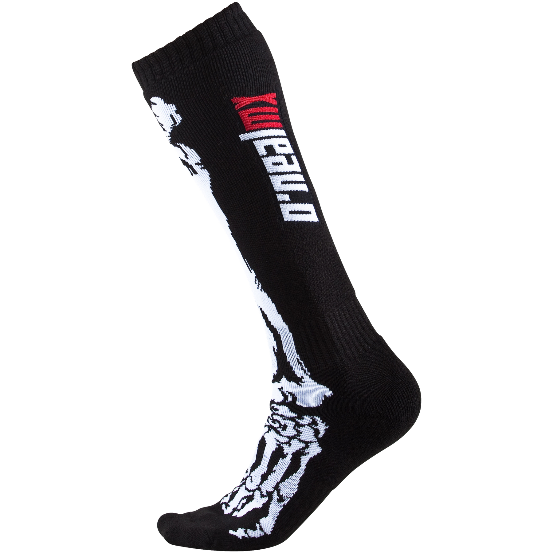 Eine schwarze Kniesocke mit einem weißen Skelettfuß- und Beindesign und dem Markennamen „O'NEAL“ in kräftigen roten und weißen Buchstaben oben drauf – perfekt für Motocross-Abenteuer. Das Produkt ist als „O'NEAL PRO MX Socke XRAY“ bekannt.