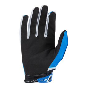 Der O'NEAL VAULT Handschuh RACEWEAR, der vor einem schlichten Hintergrund präsentiert wird, besticht durch hervorragende Verarbeitung mit schwarzen und blauen Farben, akzentuiert durch Weiß. Sein Design zeichnet sich durch eine schwarze Handfläche für stärkeren Halt, blaue Abschnitte auf der Rückseite und ein stilvolles blau-weißes Muster entlang des Handgelenks aus, was ihn ideal für Sport oder Outdoor-Aktivitäten macht.