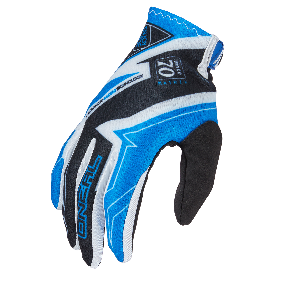 Der blau-schwarze O'NEAL VAULT Handschuh RACEWEAR mit weißen Akzenten ist für Sport- oder Outdoor-Aktivitäten konzipiert. Er verfügt über ein auffälliges Muster, exzellente Verarbeitung und ein verstellbares Handgelenkband für einen sicheren Sitz und stärkeren Halt.
