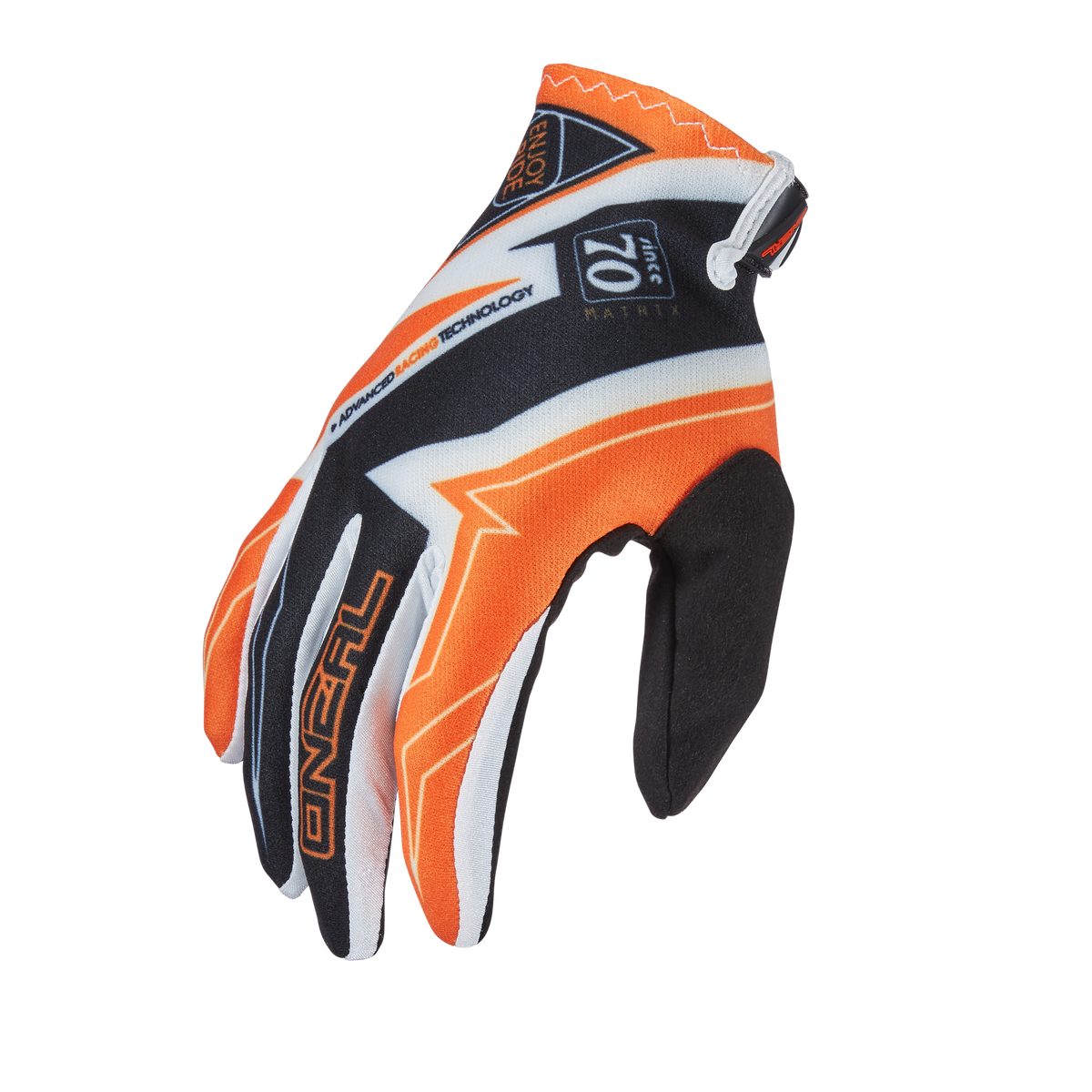 Ein einzelner O'Neal-Motorradhandschuh mit orange-weiß-schwarzem Design. Der O'Neal VAULT Handschuh RACEWEAR ist auf der Oberhand mit den Texten „O'Neal“ und „Matrix“ unter anderem versehen und sorgt so für hervorragenden Grip und hervorragende Verarbeitung beim Offroad- oder Motocross-Fahren.