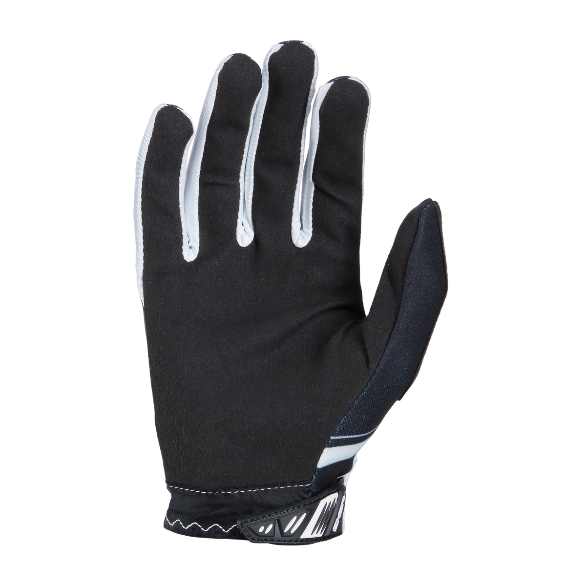 Ein schwarzer Handschuh mit weißen Fingerspitzen und einer gemusterten Manschette, nach vorne gerichtet. Der O'NEAL VAULT Handschuh RACEWEAR scheint für Aktivitäten konzipiert zu sein, die Fingerfertigkeit und verbesserten Griff erfordern.