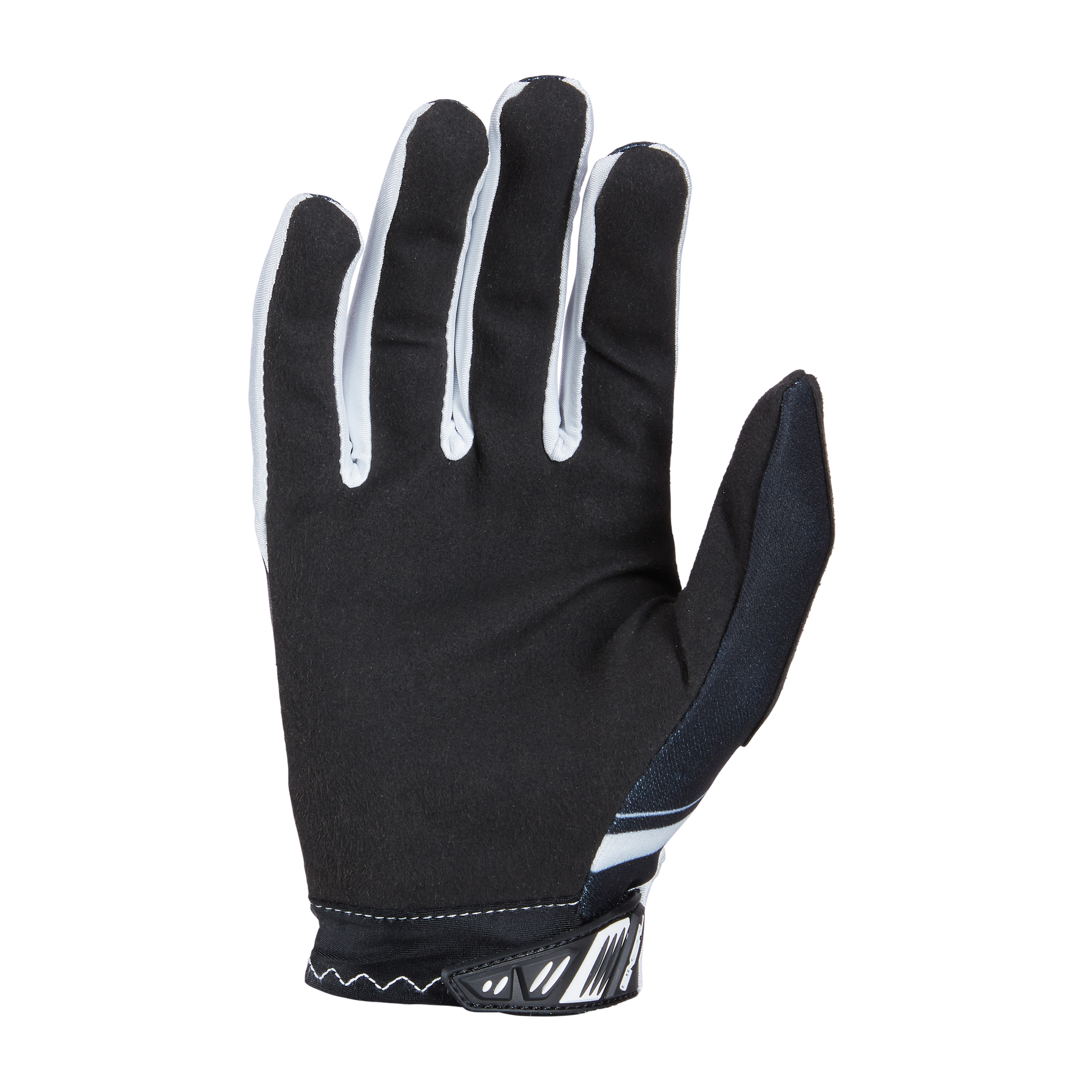 Ein schwarzer Handschuh mit weißen Fingerspitzen und einer gemusterten Manschette, nach vorne gerichtet. Der O'NEAL VAULT Handschuh RACEWEAR scheint für Aktivitäten konzipiert zu sein, die Fingerfertigkeit und verbesserten Griff erfordern.
