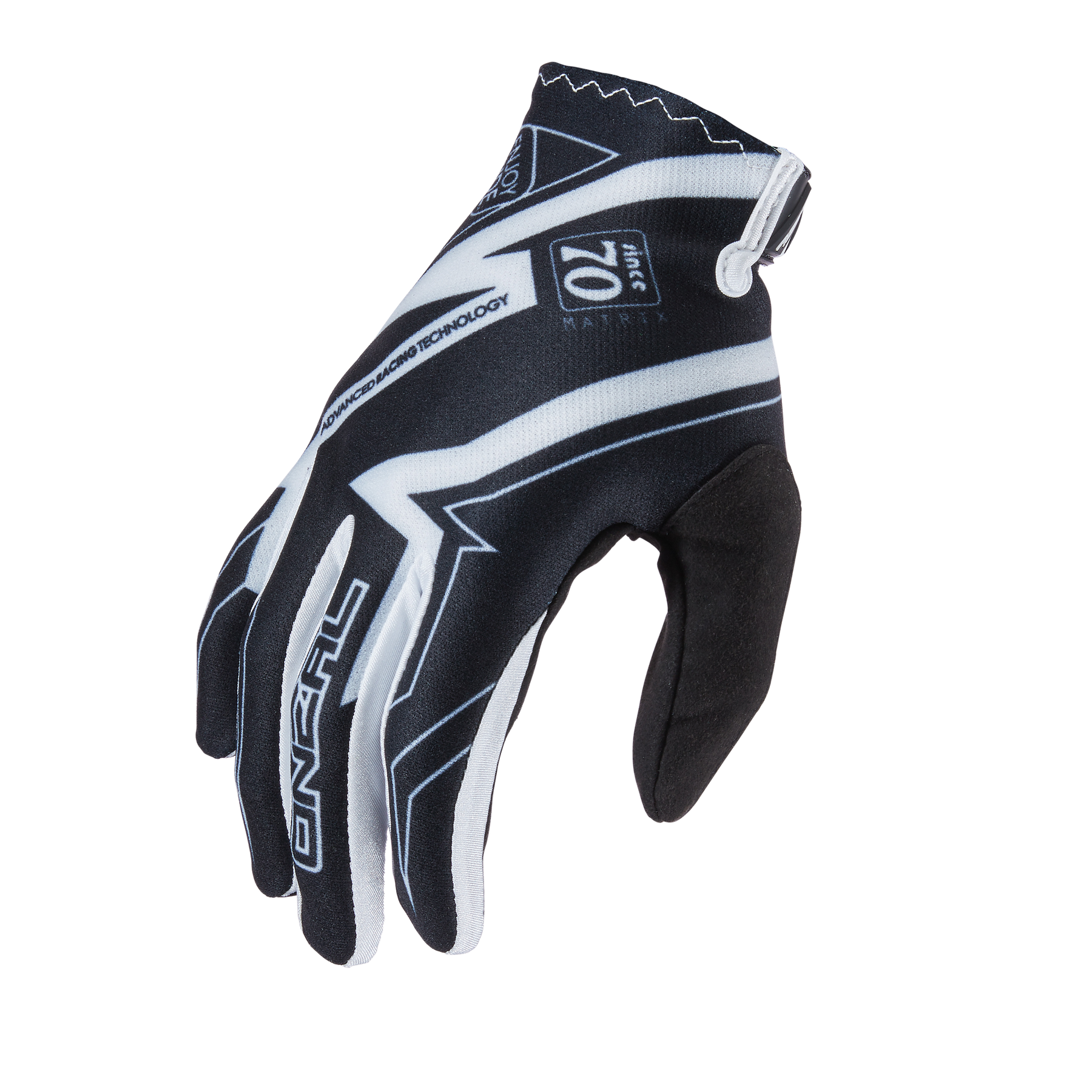 Ein schwarz-weißer O'NEAL VAULT Handschuh RACEWEAR mit aufwendigen Mustern auf dem Handrücken, der den Markennamen und das Logo von O'NEAL zeigt und über einen Klettverschluss am Handgelenk für einen sicheren Sitz verfügt. Der Handschuh bietet hervorragende Verarbeitung für hervorragenden Halt während Ihrer Fahrten.