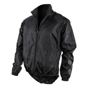Eine schwarze O'NEAL BREEZE Regenjacke aus Nylon mit Reißverschluss, hohem Kragen und elastischen Bündchen und Bund ist auf weißem Hintergrund abgebildet. Die Jacke hat eine glatte, glänzende Oberfläche und ein schlichtes, minimalistisches Design mit sichtbaren Nähten – ideal für Ihre Fahrradausrüstungssammlung.
