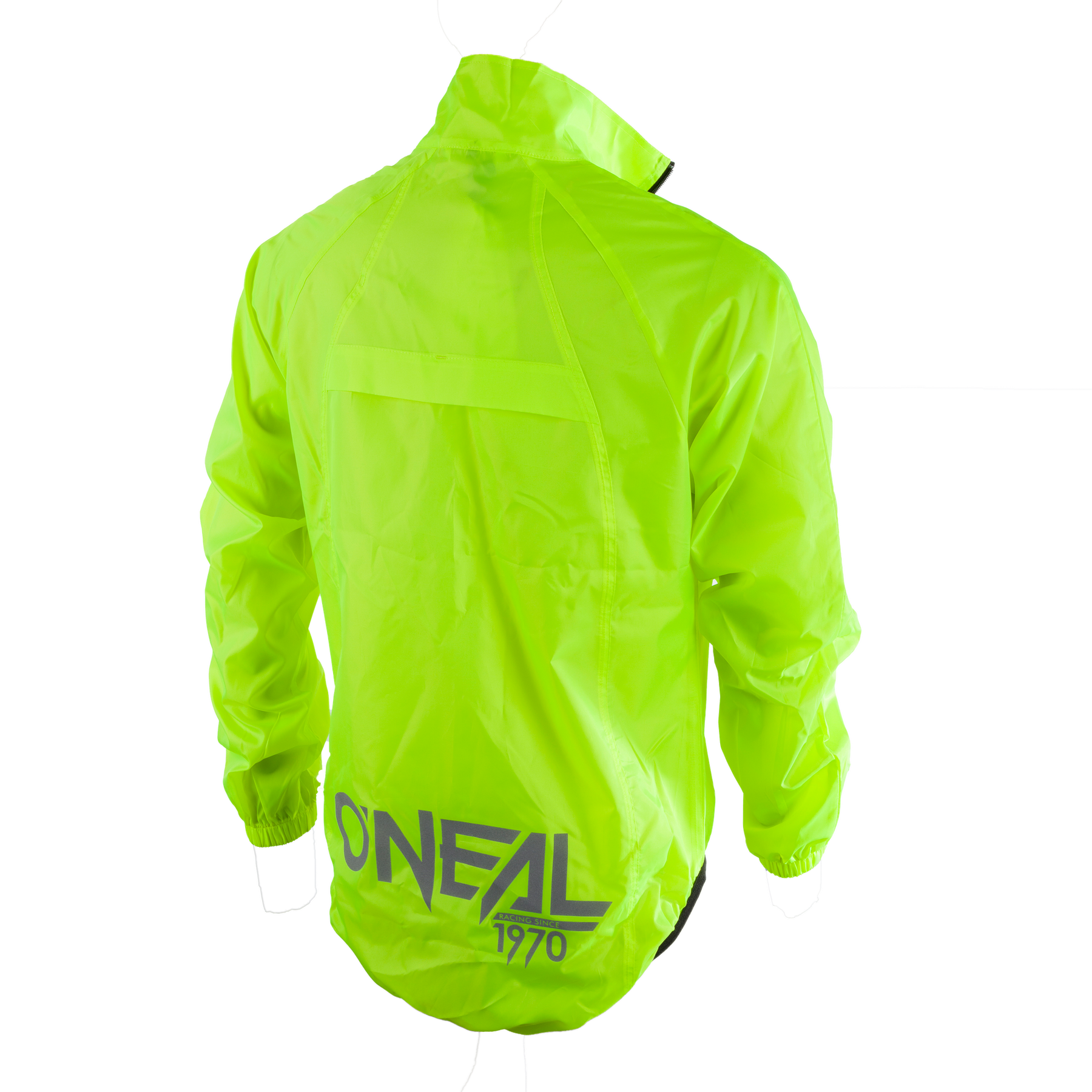 Eine neongelb-grüne O'NEAL BREEZE Regenjacke mit langen Ärmeln und hohem Kragen, mit der Marke „O'Neal 1970“ in großen Buchstaben auf dem unteren Rücken aufgedruckt. Diese Jacke wird auf einer unsichtbaren Schaufensterpuppe präsentiert, wodurch ihr reflektierendes und winddichtes Material hervorgehoben wird, perfekt für Ihre Fahrradausrüstung.