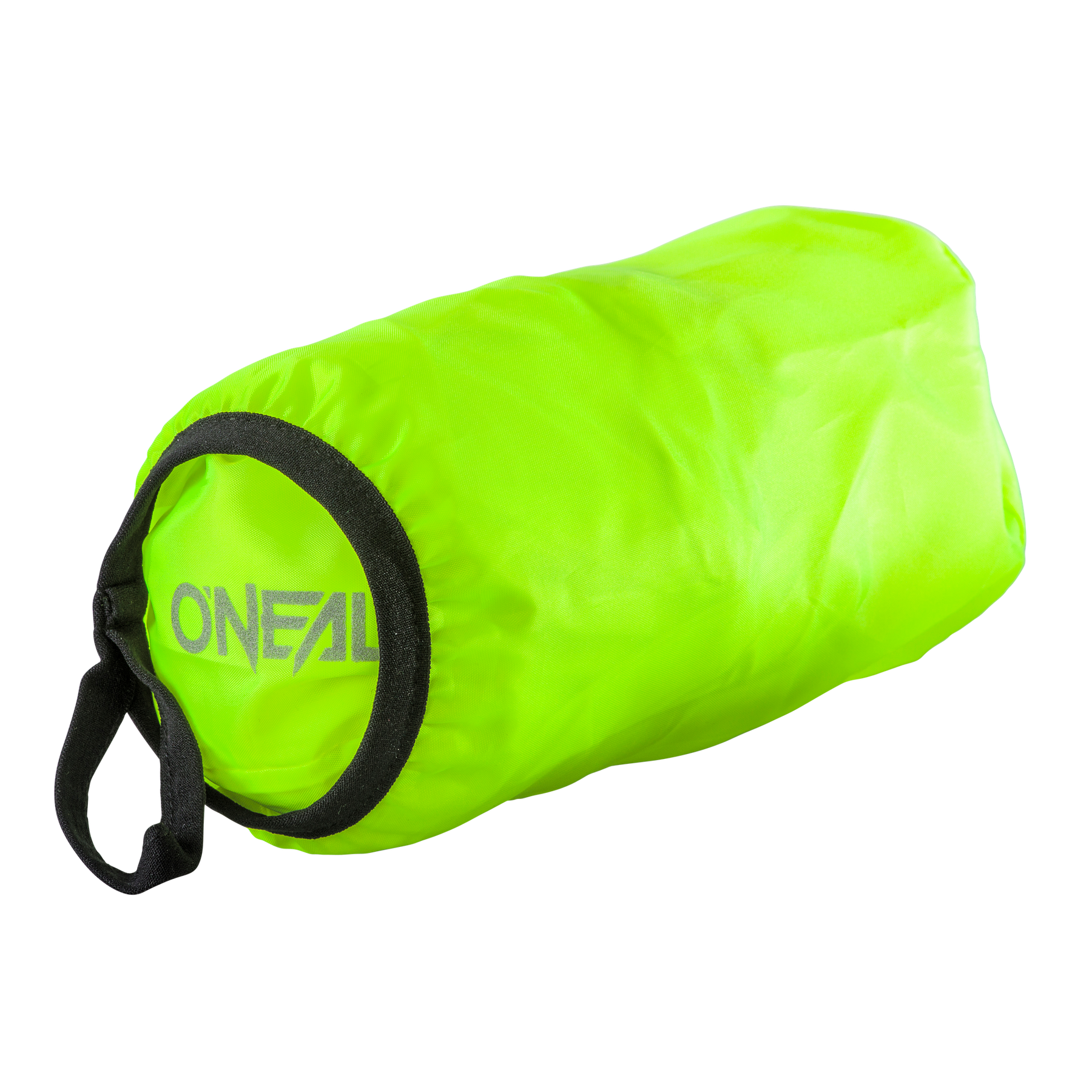 Eine neongrüne, zylindrische Tasche mit schwarzem Griff und „O'NEAL“-Aufdruck, die dem leichten, leicht geknitterten Material einer O'NEAL BREEZE-Regenjacke ähnelt. Sie steht auf einem schwarzen Hintergrund.