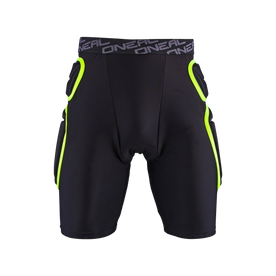El pantalón corto O'NEAL TRAIL tiene un diseño negro, acolchado y deportivo, con ribetes en amarillo neón y la inscripción "O'NEAL" en la cintura, que destaca sobre un fondo negro.