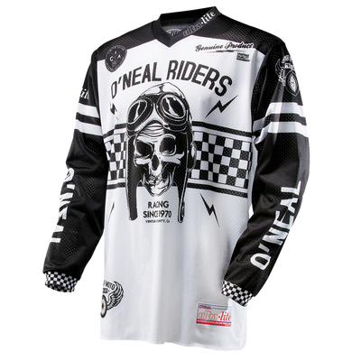 Das O'NEAL ULTRA LITE LE Jersey ist ein schwarz-weißes Langarm-Motocross-Trikot mit einem auffälligen Design mit einem Totenkopf mit Fliegerbrille und dem Text „O'NEAL RIDERS, RACING SINCE 1970“. Die Ärmel und der obere Brustbereich haben schwarze Hintergründe mit weißen Streifen und Schachbrettmustern. Ideal zum Erreichen von Bestleistungen auf der Strecke.