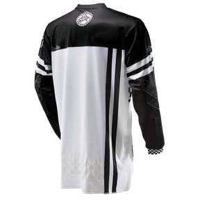 Ein schwarz-weißes langärmliges O'NEAL ULTRA LITE LE-Trikot von hinten. Das Trikot hat schwarze Schultern und Ärmel sowie schwarze Streifen auf dem weißen Körper. Das Design umfasst das O'NEAL-Logo in der Nähe des Halses und auf dem Ärmel sowie ein kariertes Muster auf einer Manschette – wahrlich ein Allrounder für Biker, die Bestleistungen anstreben!