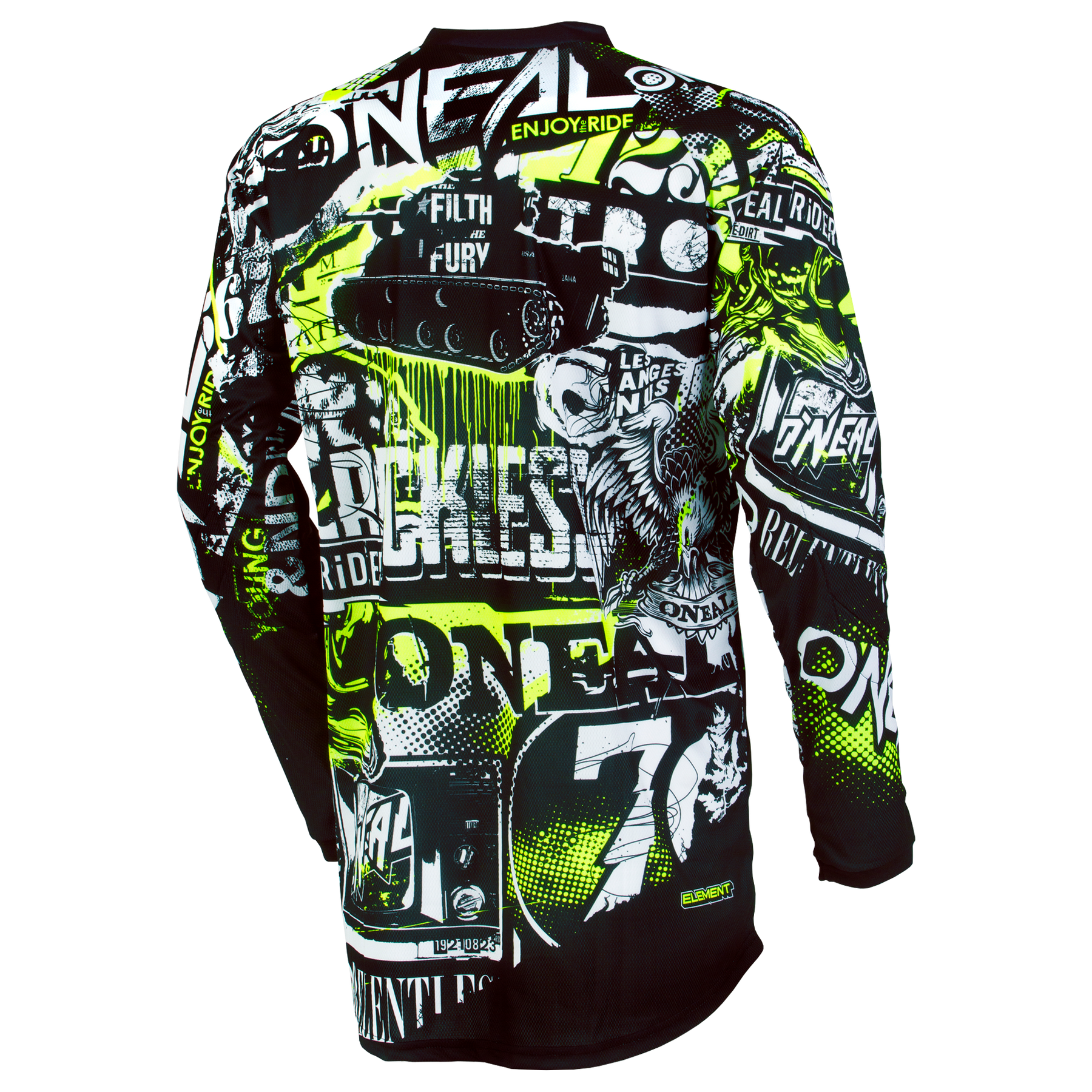 Das O'NEAL ELEMENT Jersey ATTACK ist ein Langarmtrikot mit einem lebendigen, abstrakten Design. Das Trikot verfügt über eine auffällige Mischung aus Grafiken und fettgedruckten Wörtern in Schwarz, Weiß, Gelb und Neongrün, darunter „ONeal“, „ENJOY RIDE“, „REAL RIDE“ und „FILTH & FURY“. Hergestellt aus atmungsaktivem Material für eine perfekte Passform.