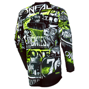Das O'NEAL ELEMENT Jersey ATTACK ist ein Langarmtrikot mit einem lebendigen, abstrakten Design. Das Trikot verfügt über eine auffällige Mischung aus Grafiken und fettgedruckten Wörtern in Schwarz, Weiß, Gelb und Neongrün, darunter „ONeal“, „ENJOY RIDE“, „REAL RIDE“ und „FILTH & FURY“. Hergestellt aus atmungsaktivem Material für eine perfekte Passform.