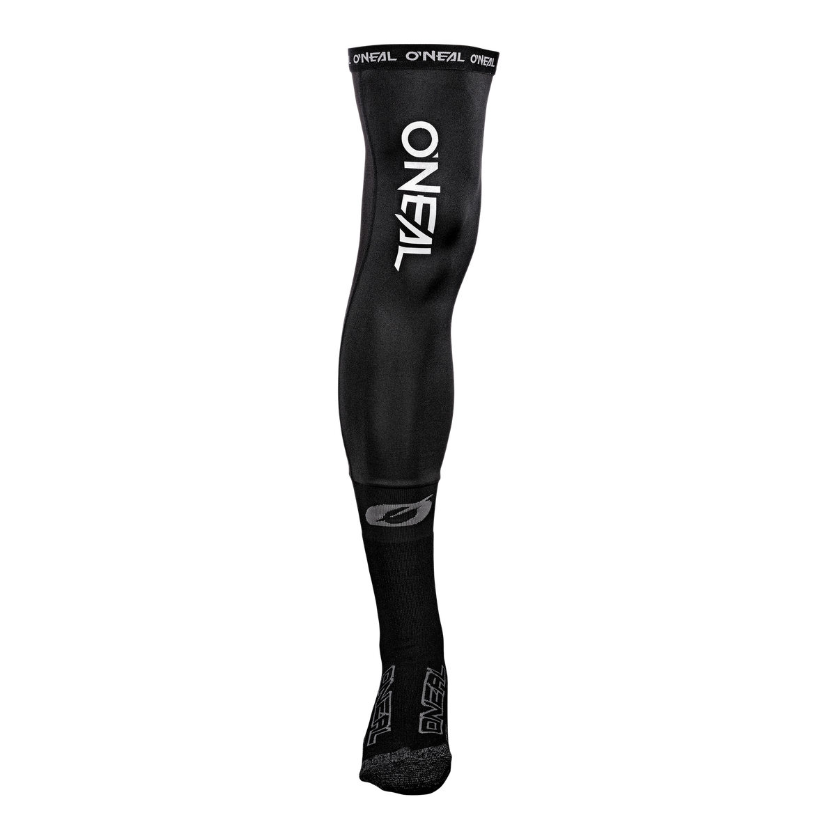 Eine einzelne schwarze kniehohe O'NEAL PRO XL Kneebrace Socke mit dem vertikal in weißen Buchstaben aufgedruckten Markennamen „O'NEAL“. Diese Socke ist ideal für Motocross oder Mountainbiken und verfügt außerdem über ein kleineres „O'Neal“-Logo in Fußnähe sowie verstärkte Zehen- und Fersenpartien.