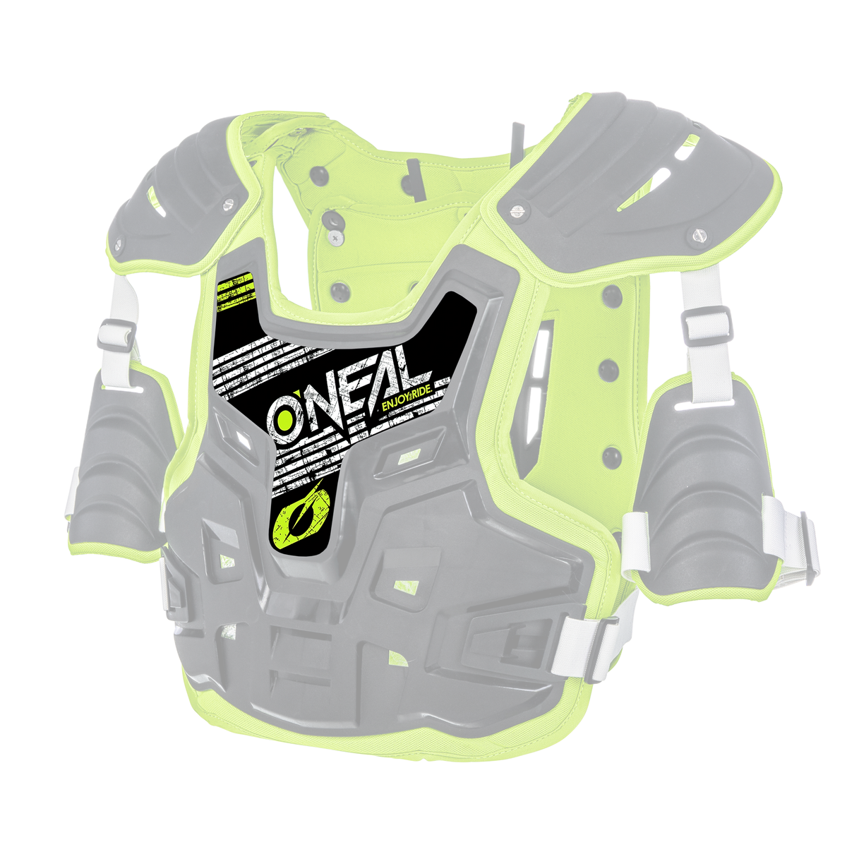 Der O'NEAL Sticker PXR Stone Shield ist ein schwarz-limettengrüner Brustschutz für Motocross- und Offroad-Aktivitäten. Er verfügt über robuste Schulterpolster, verstellbare Riemen für einen sicheren Sitz und trägt auf der Vorderseite deutlich den Markennamen „O'NEAL“.