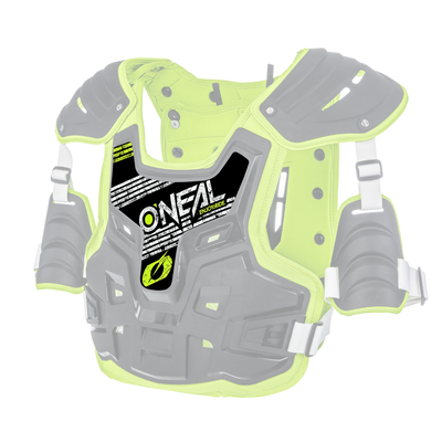 Der O'NEAL Sticker PXR Stone Shield ist ein schwarzer und neongrüner Brustschutz mit Schulterschutz, verstellbaren weißen Riemen und dem O'NEAL-Logo auf der Vorderseite - für die Sicherheit beim Motocross- oder Offroadfahren.