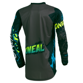 Ein O'NEAL ELEMENT Jersey Kinder VILLAIN mit langen Ärmeln und einer dunkelgrünen Grundfarbe. Der Rücken und die Ärmel sind mit lebendigen Grafiken in Blau, Grün und Gelb versehen, wobei der Markenname „O’NEAL“ in fetten Buchstaben deutlich zu erkennen ist. Das Trikot zeigt ein sportliches und dynamisches Design.