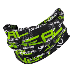 Der O'NEAL Nackenwärmer MATRIX ist eine schwarze Halskrause mit auffälligem grünem und weißem O'NEAL-Branding und geometrischen Mustern, ideal für Motocross oder Mountainbiking.