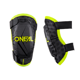 Deux coudières O'NEAL PEEWEE noires et jaunes fluo pour enfants avec bretelles réglables, représentées de face et de côté, conçues pour les activités sportives des enfants dans le cadre de la gamme O'NEAL Kids Gear.