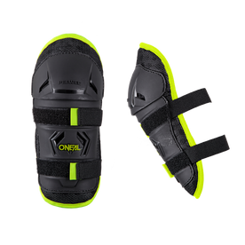 Two black and neon yellow O'NEAL elbow pads with adjustable straps, shown from different angles on a white background - ideal for youth bikers and perfect to combine with the O'NEAL PEEWEE knee pads for full protection.