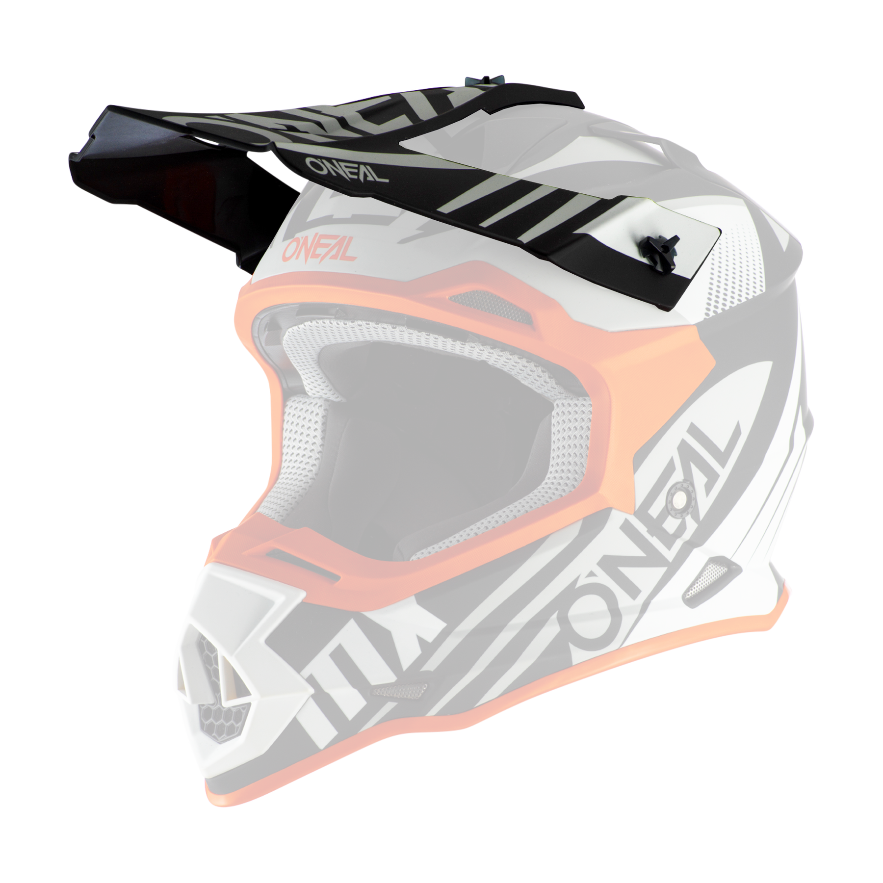 Der O'NEAL Visor 2SRS Helm SPYDE 2.0 ist ein schwarzer, weißer und orangefarbener Fullface-Motocross-Helm mit großem Visier, Belüftungslöchern, sportlichem Winkelmuster und dem O'NEAL-Logo.