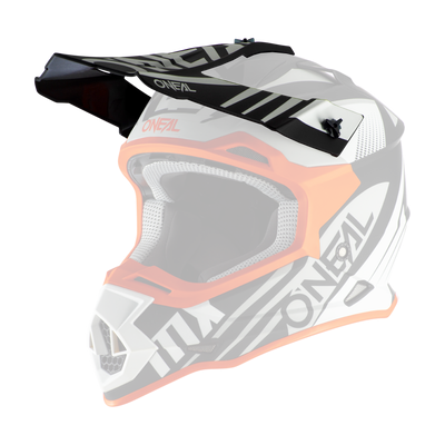 Der O'NEAL Visor 2SRS Helm SPYDE 2.0 ist ein schwarzer, weißer und orangefarbener Fullface-Motocross-Helm mit großem Visier, Belüftungslöchern, sportlichem Winkelmuster und dem O'NEAL-Logo.