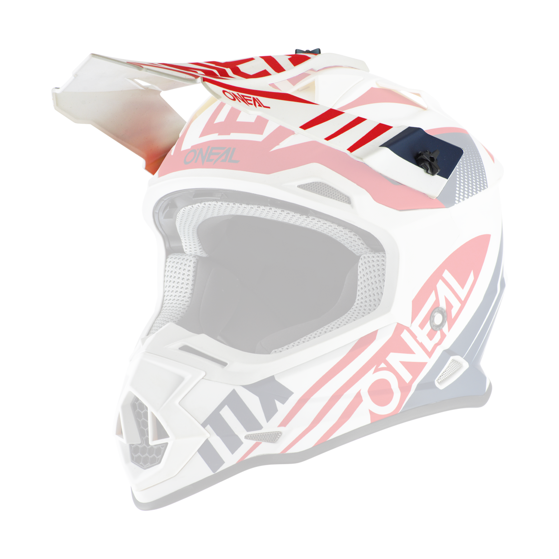 Der O'NEAL Visor 2SRS Helm SPYDE 2.0 ist ein rot-weiß-blauer Motocross-Helm mit auffälligem "O'NEAL"-Schriftzug, einem Visier, Belüftungsöffnungen und einem modernen kantigen Design.