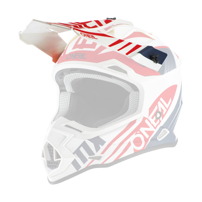 Der O'NEAL Visor 2SRS Helm SPYDE 2.0 ist ein rot-weiß-blauer Motocross-Helm mit auffälligem "O'NEAL"-Schriftzug, einem Visier, Belüftungsöffnungen und einem modernen kantigen Design.