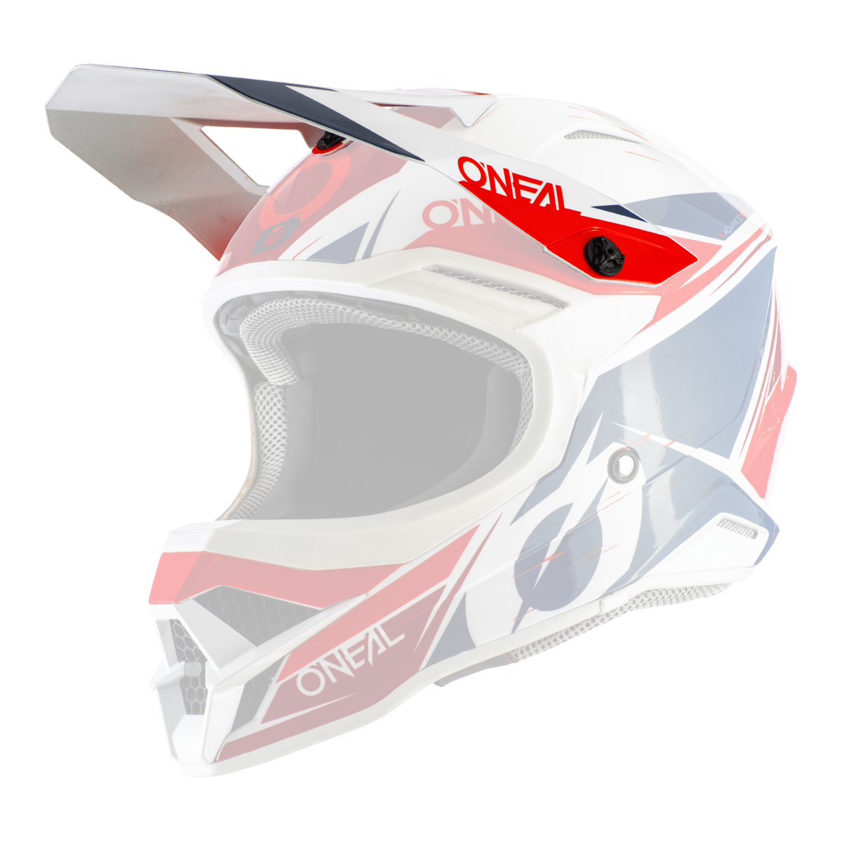 Der O'NEAL Visor 3SRS Helm STARDUST besticht durch ein auffälliges, farbenfrohes Design auf weißem Grund, geschmückt mit auffälligen Grafiken in Rot, Blau und Schwarz. Der Helm zeichnet sich durch scharfe Linien und geometrische Muster aus, wobei der Markenname „O'Neal“ prominent an der Seite und dem Kinnschutz angebracht ist.