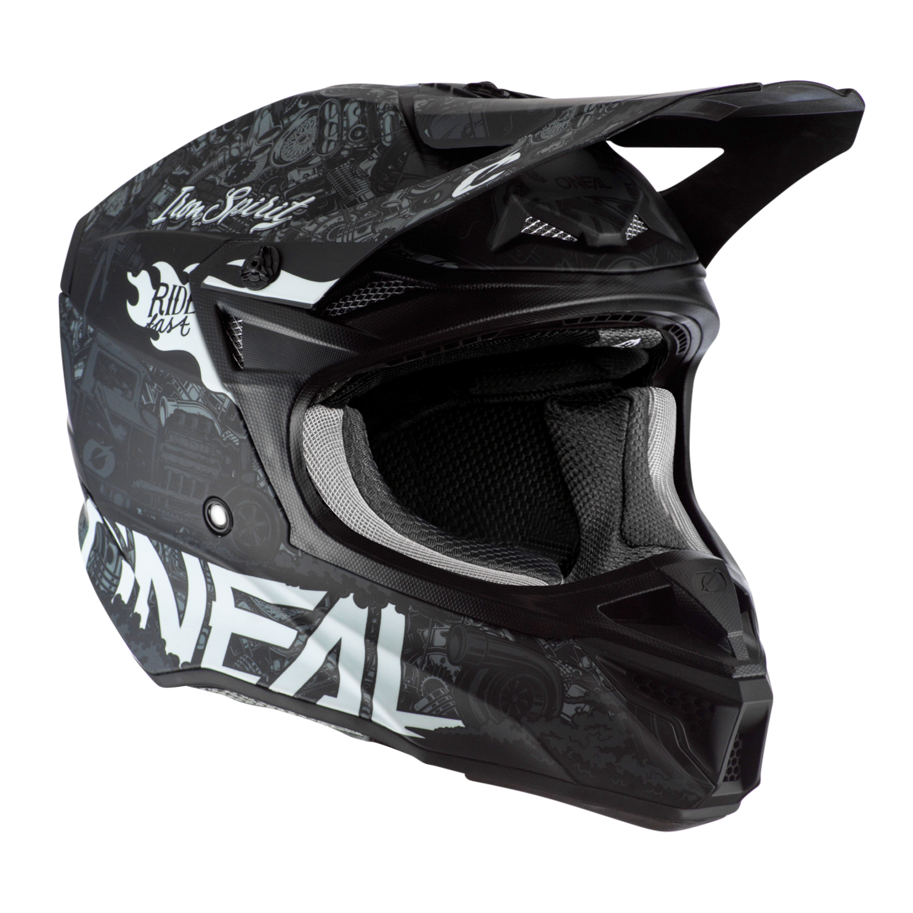 Der O'NEAL 5SRS Polyacrylite Helm HR ist ein schwarzer Motocross-Helm mit Visier und Kinnschutz, weißem Grafiktext, aufwendigen Designs, Innenpolsterung und Belüftungsöffnungen für Komfort und Schutz.