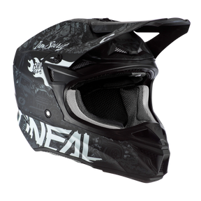 Ein schwarz-grauer O'NEAL 5SRS Polyacrylite Helm HR Integralhelm mit Visier, aufwendigen Grafikdesigns und mehreren aufgedruckten Textelementen. Der für seine hochwertige Verarbeitung bekannte Helm verfügt über einen Kinnschutz, Belüftungsöffnungen und eine gepolsterte Innenausstattung für Schutz und Komfort.