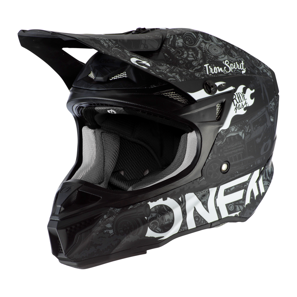 Ein O'NEAL 5SRS Polyacrylite Helm HR in Schwarz und Grau, verziert mit komplizierten Mustern und Designs, darunter der Text „Iron Spirit“ und „ONE“. Der Helm zeichnet sich durch hochwertige Verarbeitung mit Visier, Kinnschutz und atmungsaktivem Mesh-Innenfutter aus.