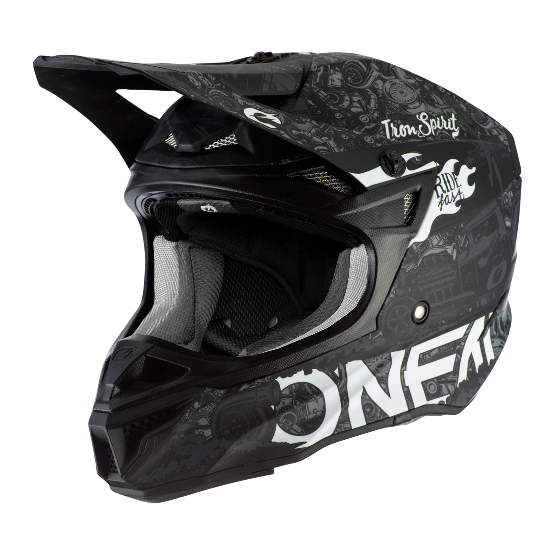 Der schwarze O'NEAL 5SRS Polyacrylite Helm HR verfügt über ein Visier, weiße "Iron Spirit"- und "Ride Fast"-Grafiken, Belüftungsöffnungen, eine gepolsterte Innenseite und ist aus robustem ABS gefertigt.