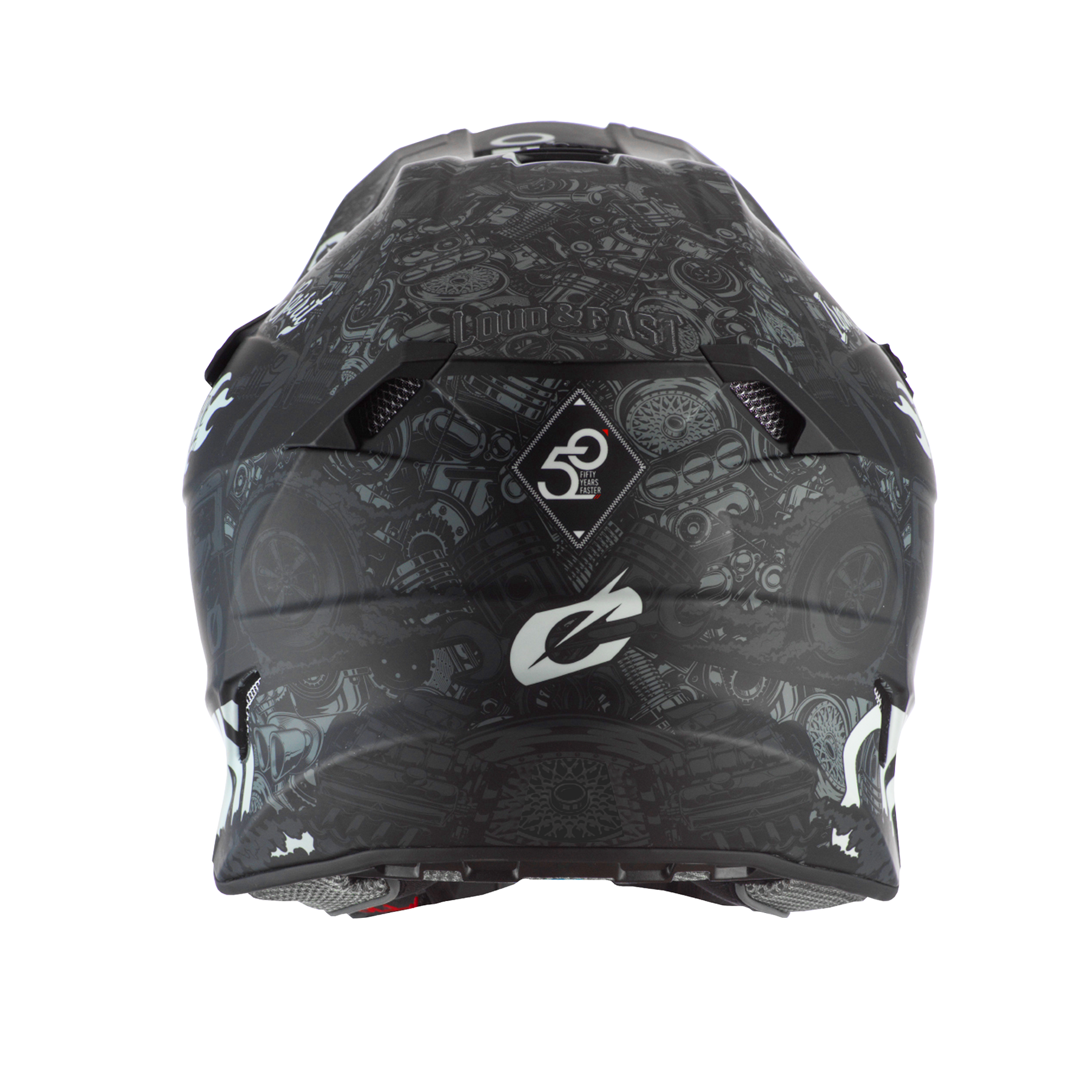 Der O'NEAL 5SRS Polyacrylite Helm HR in Schwarz mit grauen, tattoo-ähnlichen Mustern und weißen Logos - darunter eine diamantene "50" - kombiniert auffälligen Stil mit einer robusten ABS-Konstruktion für Sicherheit.