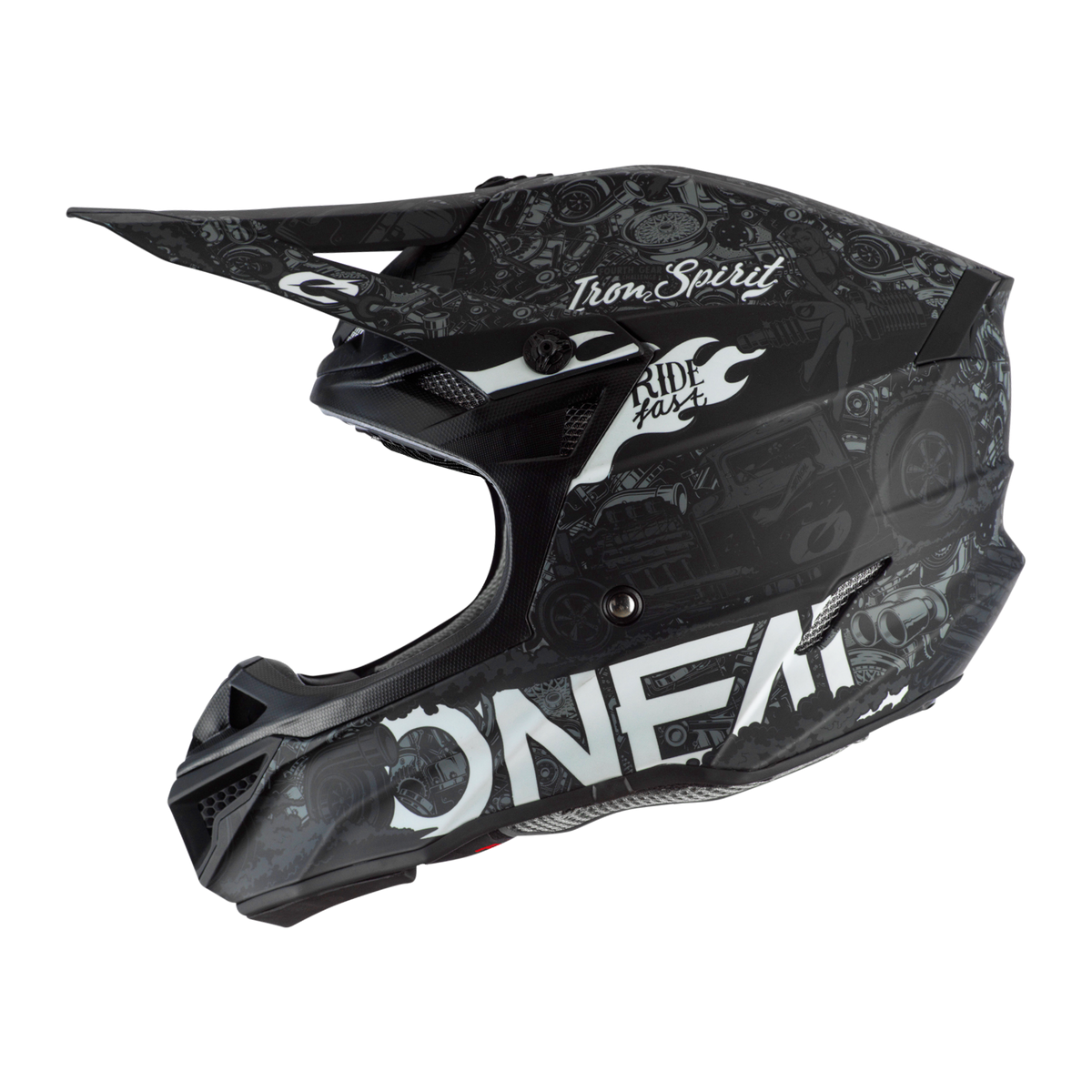 Der O'NEAL 5SRS Polyacrylite Helm HR Motocross-Helm in Schwarz ist ein Meisterwerk der Ingenieurskunst und zeichnet sich durch aufwendige weiße Grafiken aus, darunter die Texte „Iron Spirit“ und „Ride Fast“ sowie verschiedene Muster und Designs. Der Markenname „O'NEAL“ ist deutlich sichtbar an der Seite des Helms angebracht.
