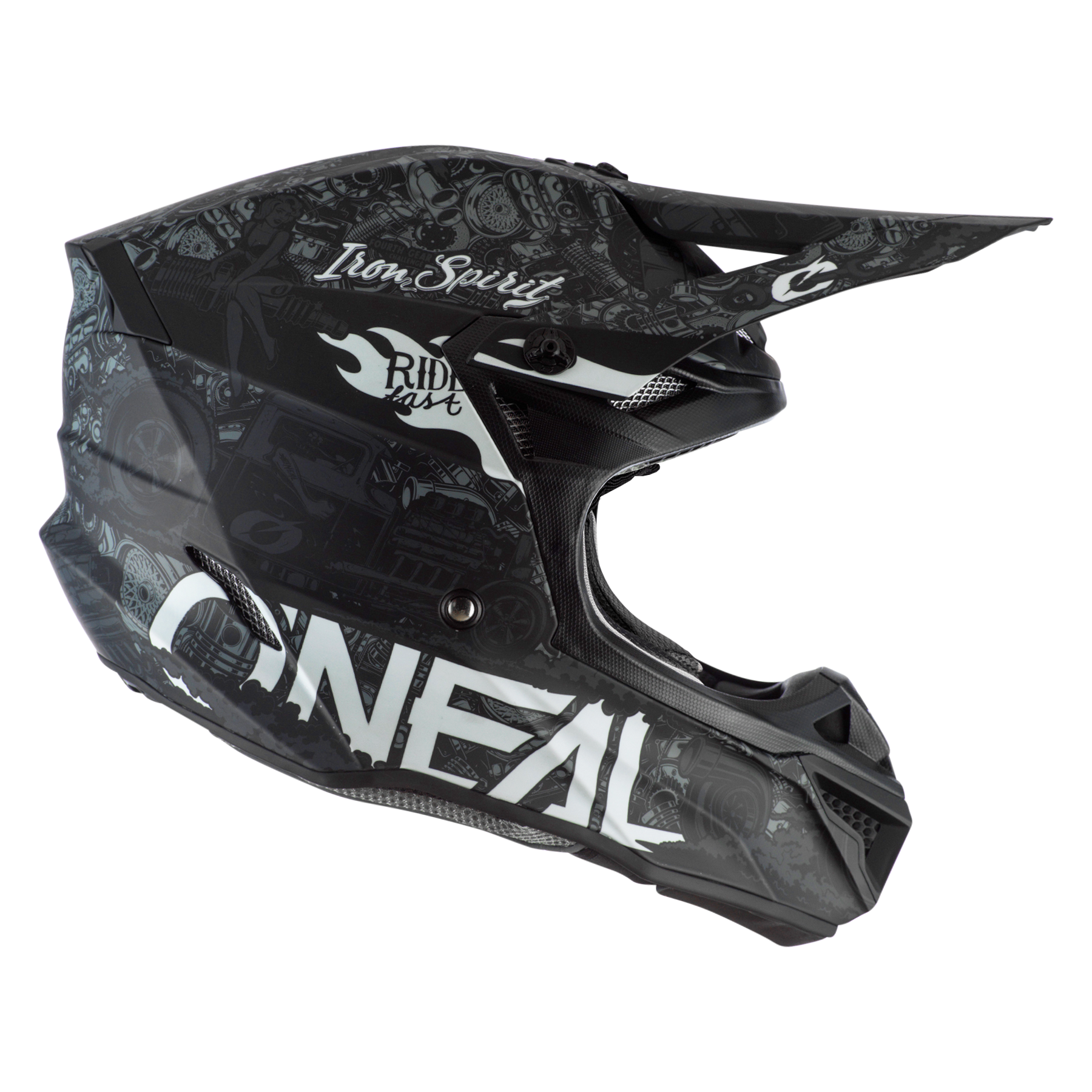 Der O'NEAL 5SRS Polyacrylite Helm HR ist ein schwarzer Motocross-Helm mit aerodynamischen Belüftungsöffnungen und einem Visier mit auffälliger weißer Graffiti-Grafik und "Ride Fast"-Schriftzug, der aus strapazierfähigem Polyacrylite gefertigt ist.