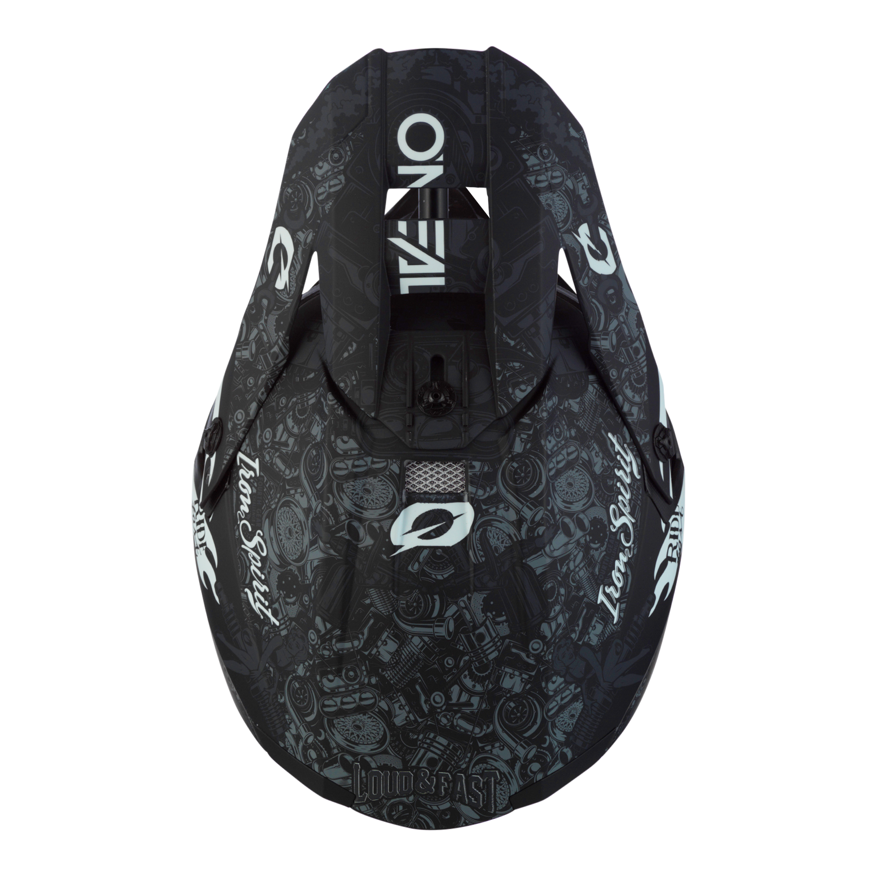 Der O'NEAL 5SRS Polyacrylite Helm HR ist ein schwarzer und grauer Motocross-Helm mit auffälligem "O'NEAL"-Schriftzug, Helmgrafik und "Loud & Fast"-Schriftzug. Er wurde für den Wassersport entwickelt und verfügt über eine ABS-Konstruktion und zwei seitliche Griffe für besseren Halt.
