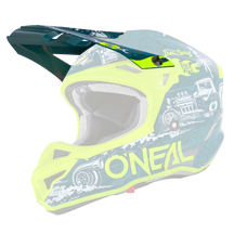 Bild des lebhaften O'NEAL Visor 5SRS Polyacrylite Helms HR. Die Hauptfarben des Helms sind Neongelb und Blaugrün, verziert mit Grafiken von Oldtimern und Surfbrettern. Der Markenname „O'Neal“ ist in fetten gelben Buchstaben deutlich sichtbar an der Seite angebracht. Das Innere scheint gut gepolstert und somit bequem.